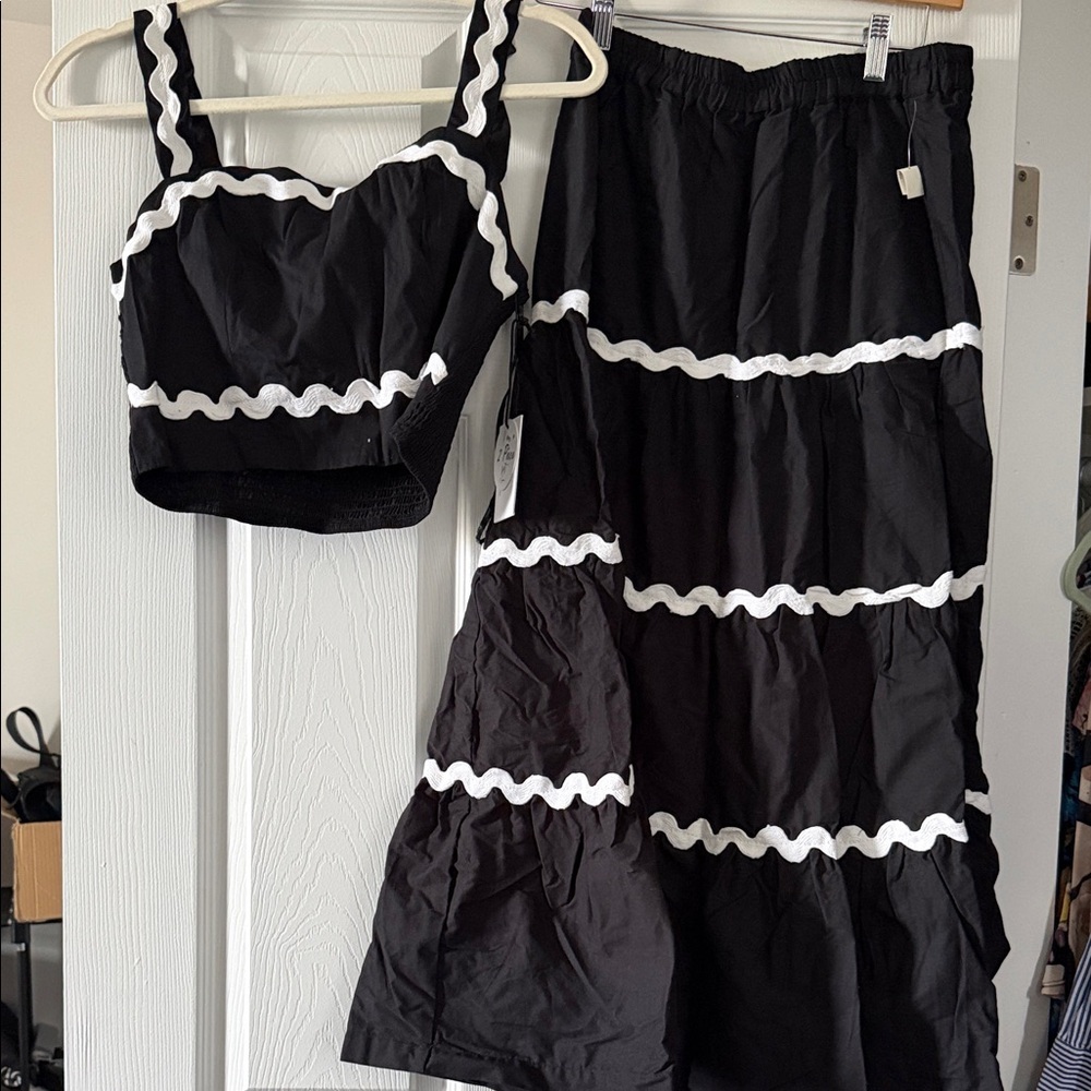 Black Tiered Maxi Skirt with White Trim